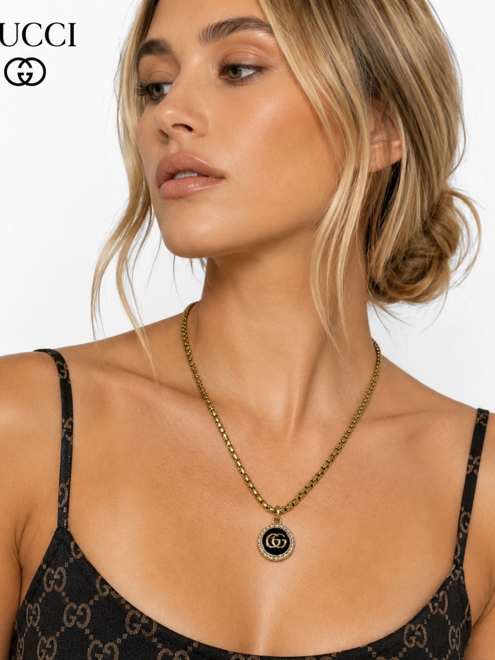 Gucci Gold-Tone Chain Necklace with Black GG Medallion